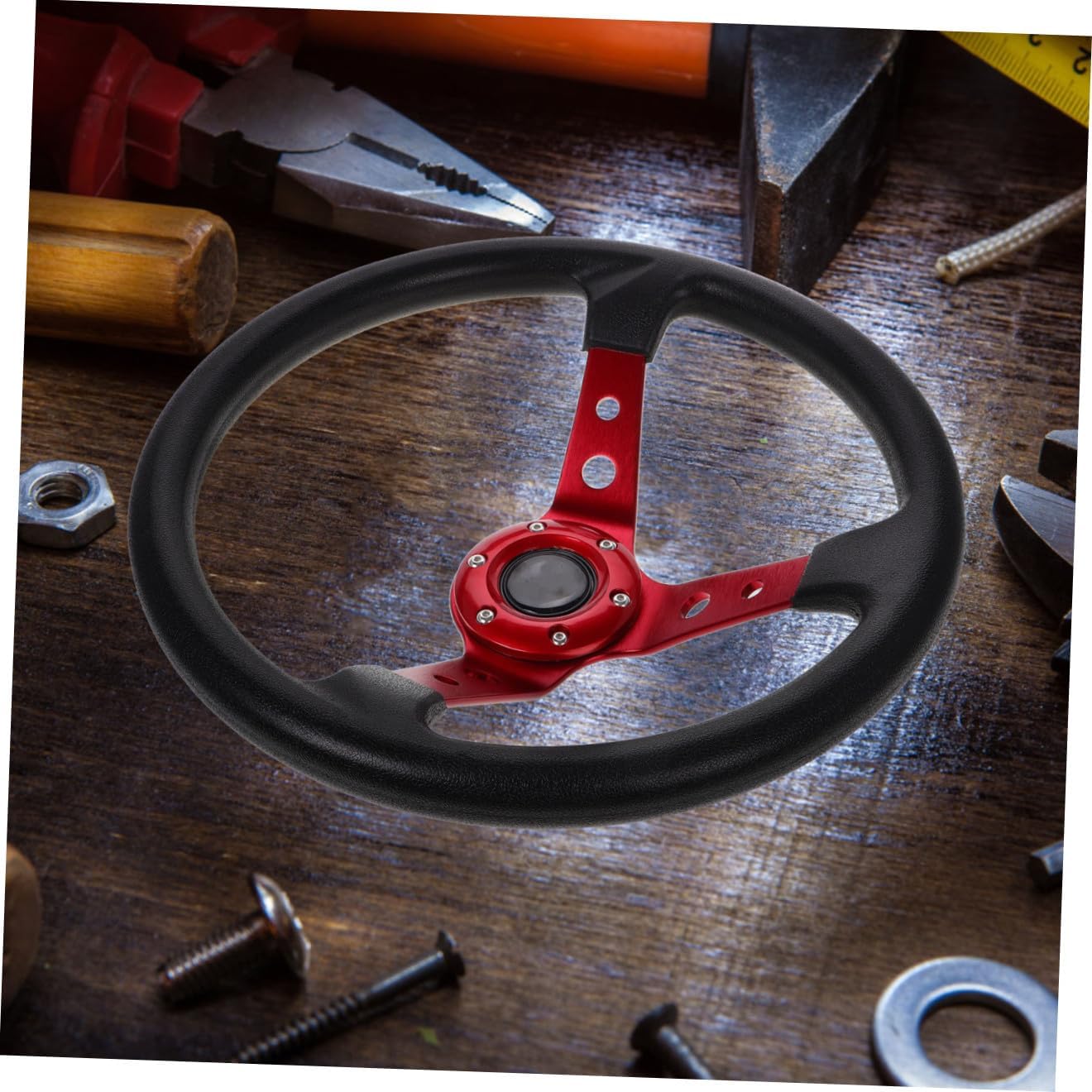 Outanaya Universal 14-inch 350mm Pu Performance Steering Wheel with Horn Button for Car, Golf Cart, and Drift Simulator – Red Drifting Steering Wheel for Automotive and Go-kart Use