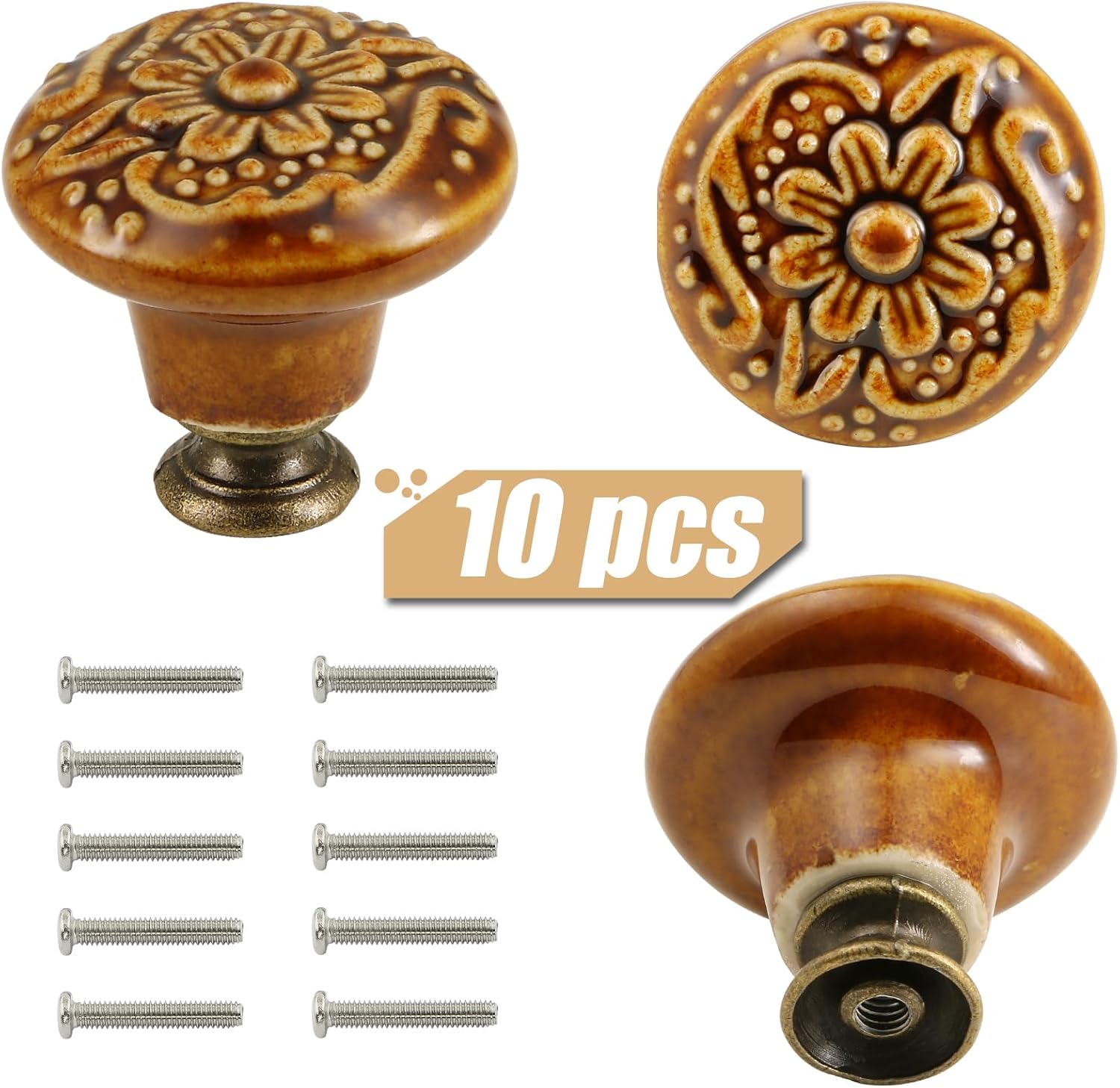 Brown Ceramic Knobs 10 Pack Flower Drawer Pulls Vintage Cabinet Knobs - Antique Dresser Pulls with Screws for Closet Drawer Cupboard Cabinet and DIY Home Project