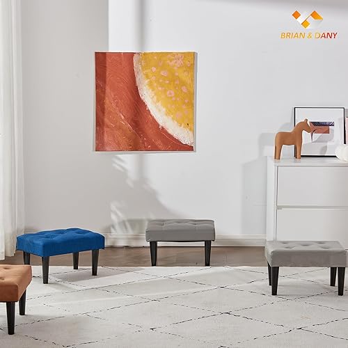 Miniatura 2 de BRIAN & DANY Taburete otomano pequeño, asiento suave de terciopelo con patas de madera, taburete para sala de estar, entrada, oficina (gris)