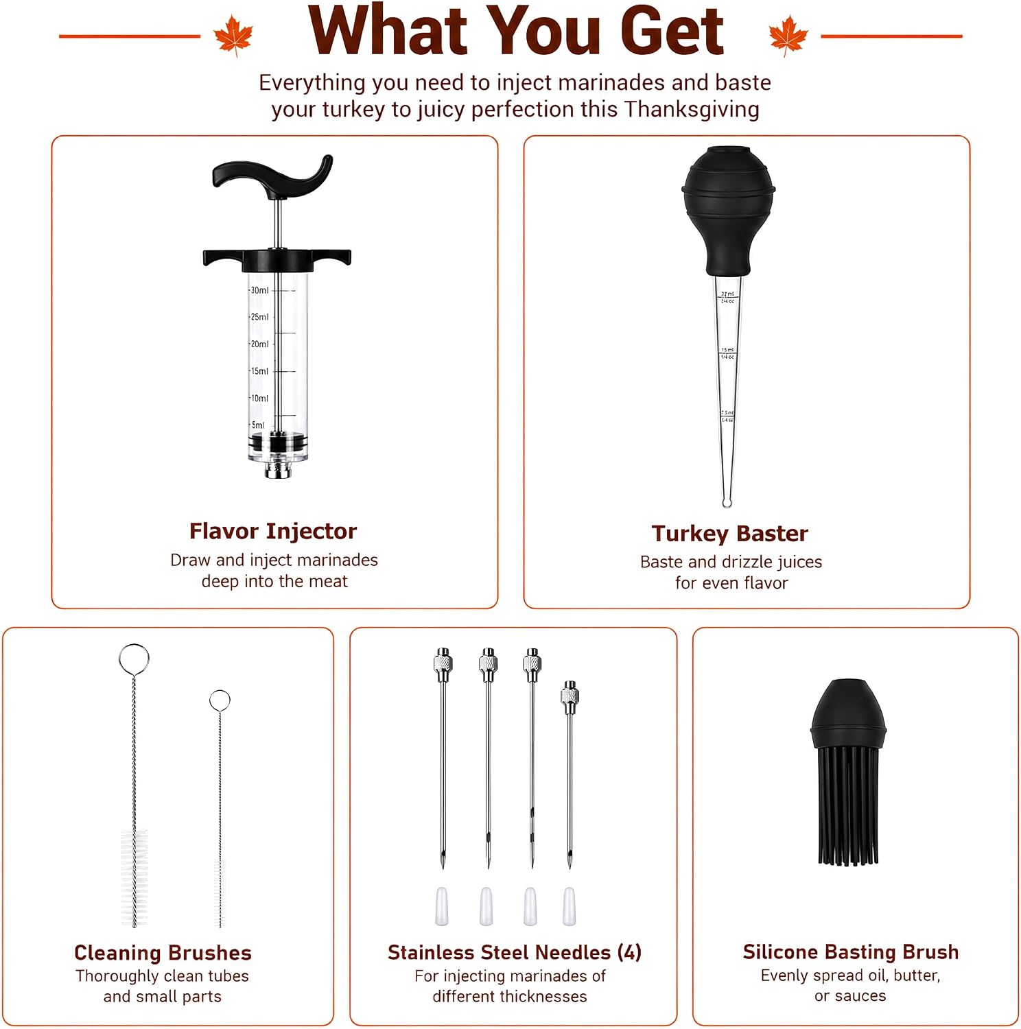 Turkey Baster Set, 9-in-1 Meat Injector Kit with Needles, Brush & Cleaners