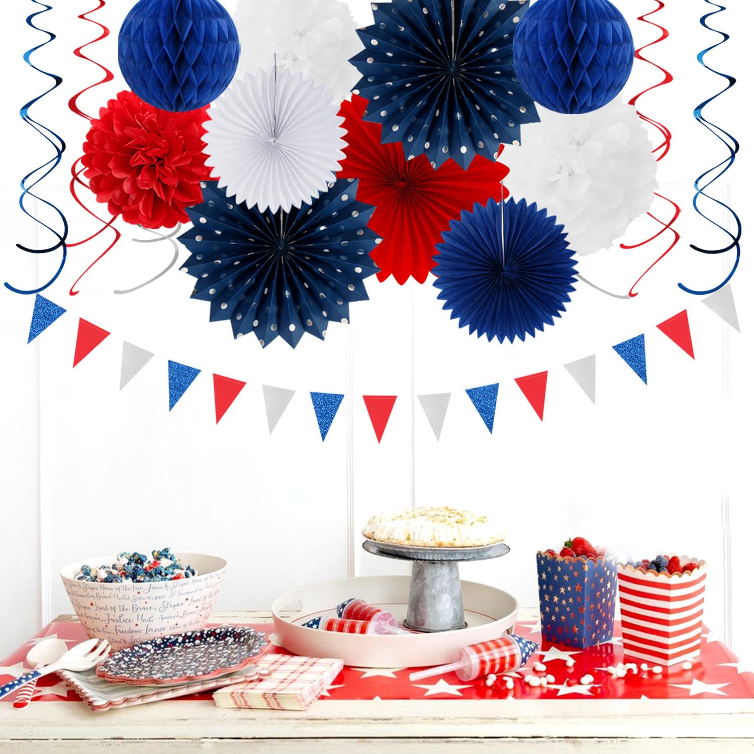 Decoraciones de fiesta del 4 al 4 de julio, 31 pancartas patrióticas rojas, azules, blancas, plateadas, guirnaldas de serpentinas, pompones de tejido, panal, abanico de faroles de papel, decoración de