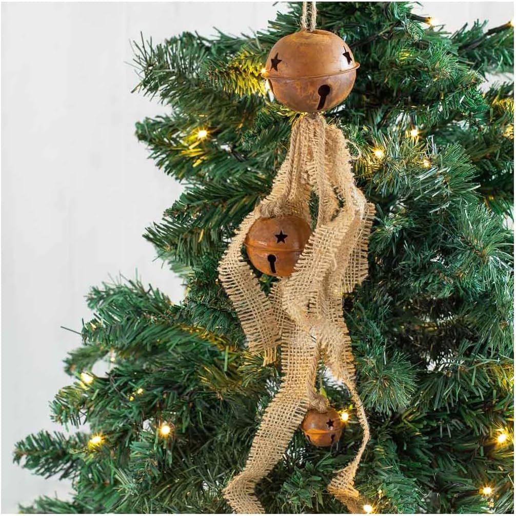 Factory Direct Craft Rusty Tin Sleigh Bells and Burlap Ornaments | 6 Ornaments