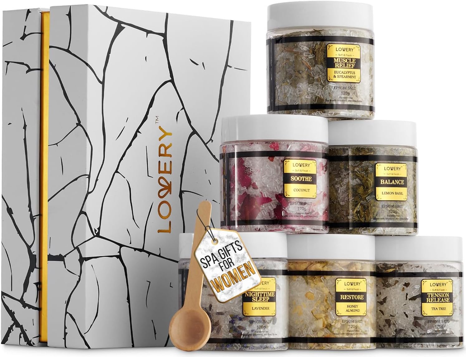 Spa Gifts for Women, Epsom Bath Salts Gift Basket Set, Relaxing Self Care Salt with Essential Oils, Gifts for Mom, Wife – Lavender, Eucalyptus, Lemon Basil, Coconut, Tea Tree, Honey Almond Spa Gifts for Women, Epsom Bath Salts Gift Basket Set, Relaxing Self Care Salt with Essential Oils, Gifts for Mom, Wife – Lavender, Eucalyptus, Lemon Basil, Coconut, Tea Tree, Honey Almond