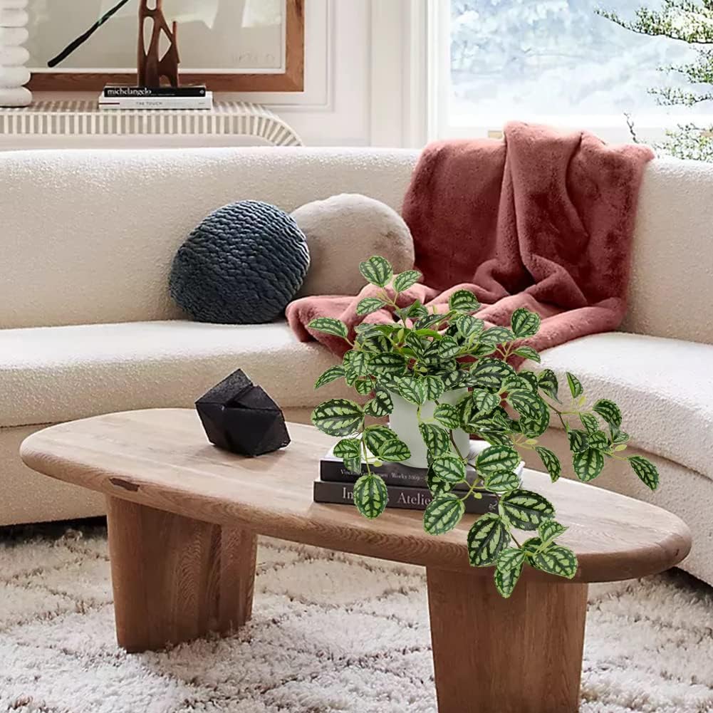 Fake Hanging Plants, 20 Inch Artificial Ivy Plant in Ceramic Pot Faux Watermelon Peperomia Trailing Vine Plant Potted for Home Bedroom Office Table Shef Desk Indoor Outdoor Decor Green - Image 4