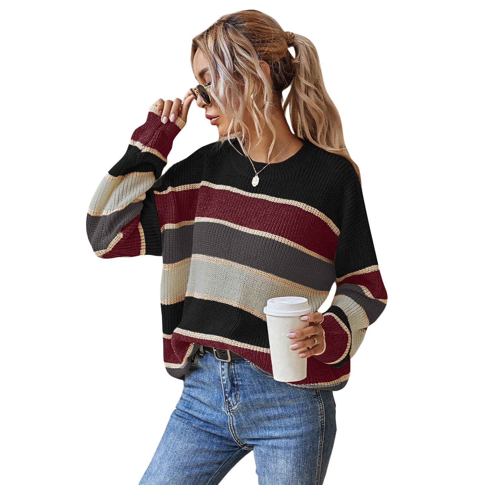 Oversized Crewneck Sweater Women Striped Knit Sweater Cozy Vintage Color Block Sweaters Pullover Sweaters for Women