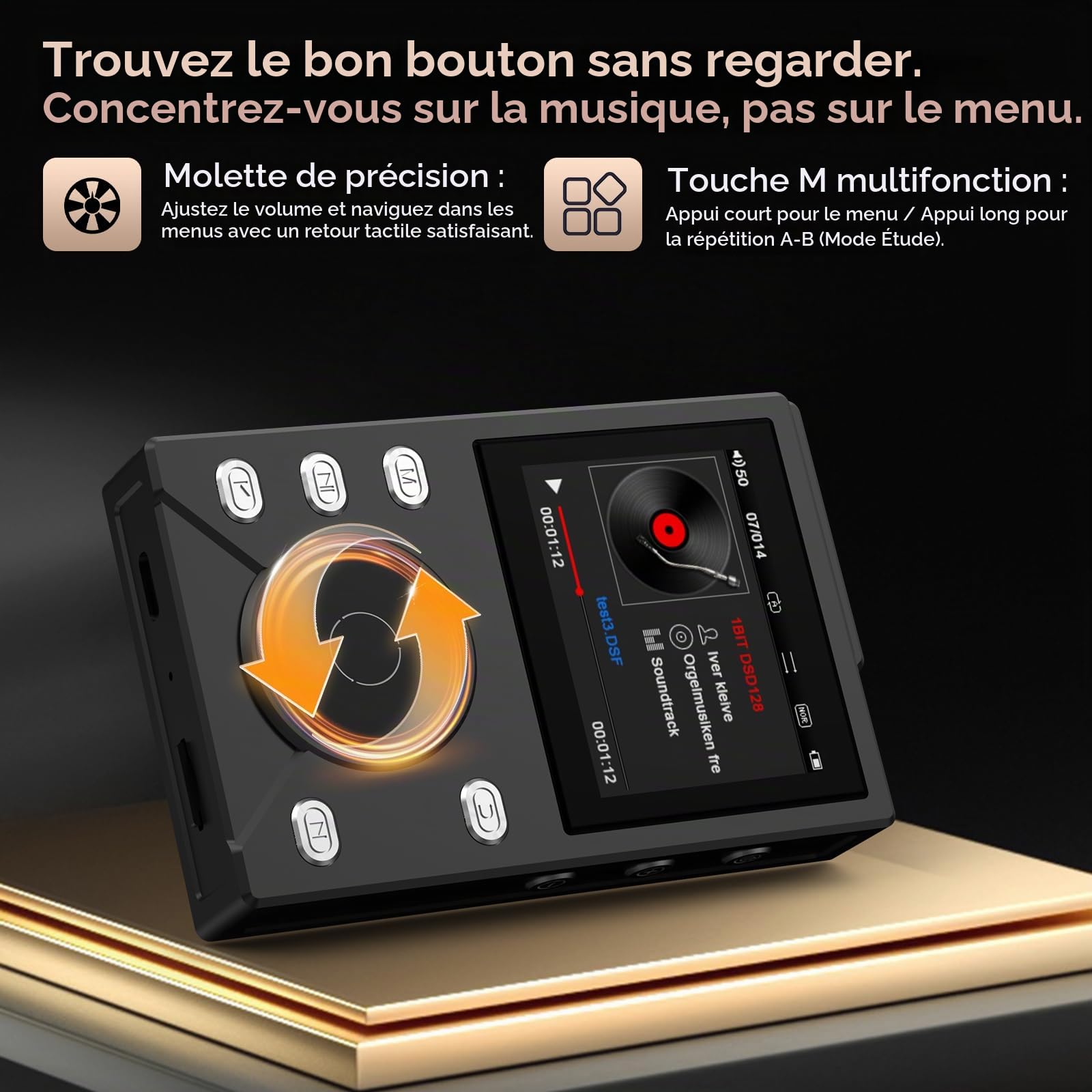 Gueray Lecteur MP3 HiFi 16GB avec Bluetooth 5.3 - Lecteur Audio Numérique Haute Résolution sans Perte, Supporte Radio FM, Enregistreur Vocal, Carte Mémoire 64GB (Extension jusqu'à 256GB)