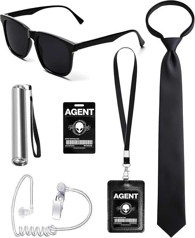 Agent Costume Secret Service Costume Set Spy Costume Accessories for Halloween Men Women Black Outfit