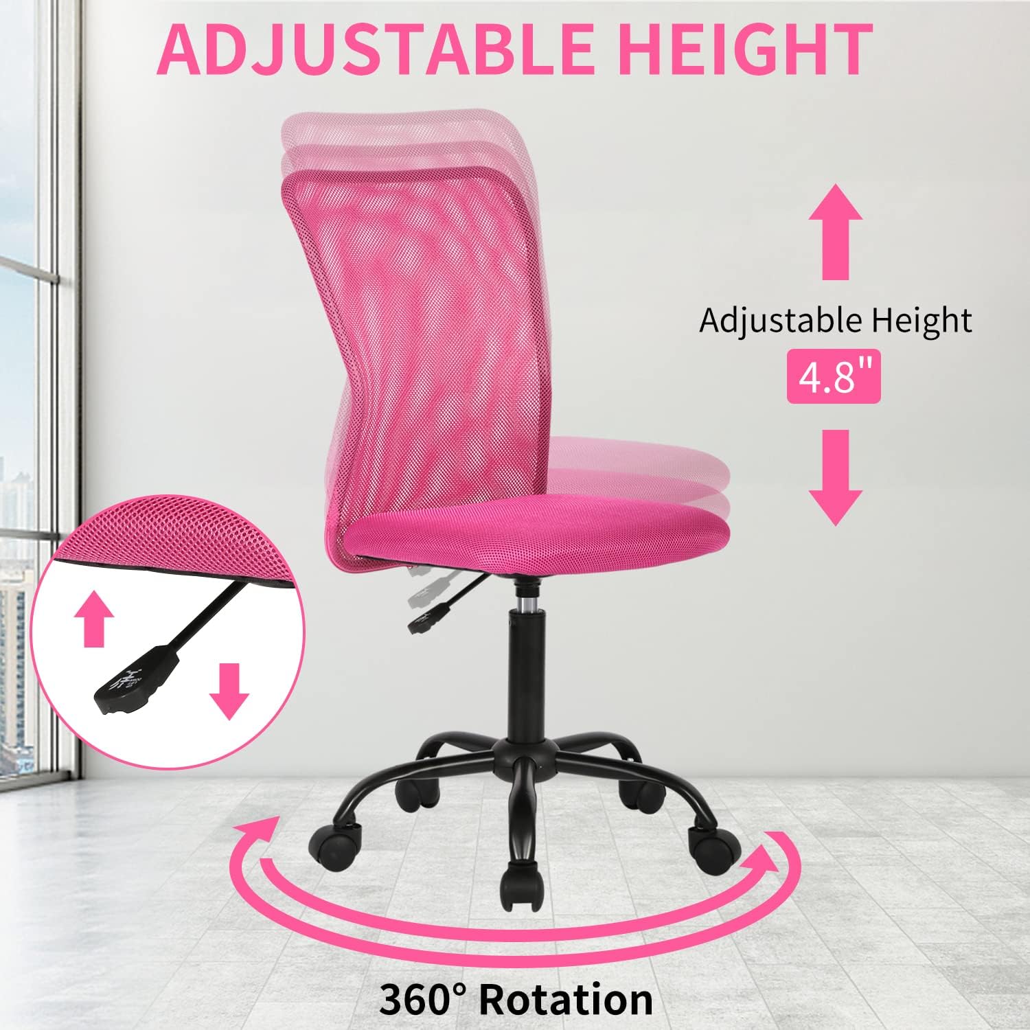 BLKMTY Home Office Chair, No Arms Small Desk Chairs, Mid Back Mesh Basic Computer Chairs Height Adjustable Small Swivel Office Chair No Armrest Rolling Swivel for Students, Pink