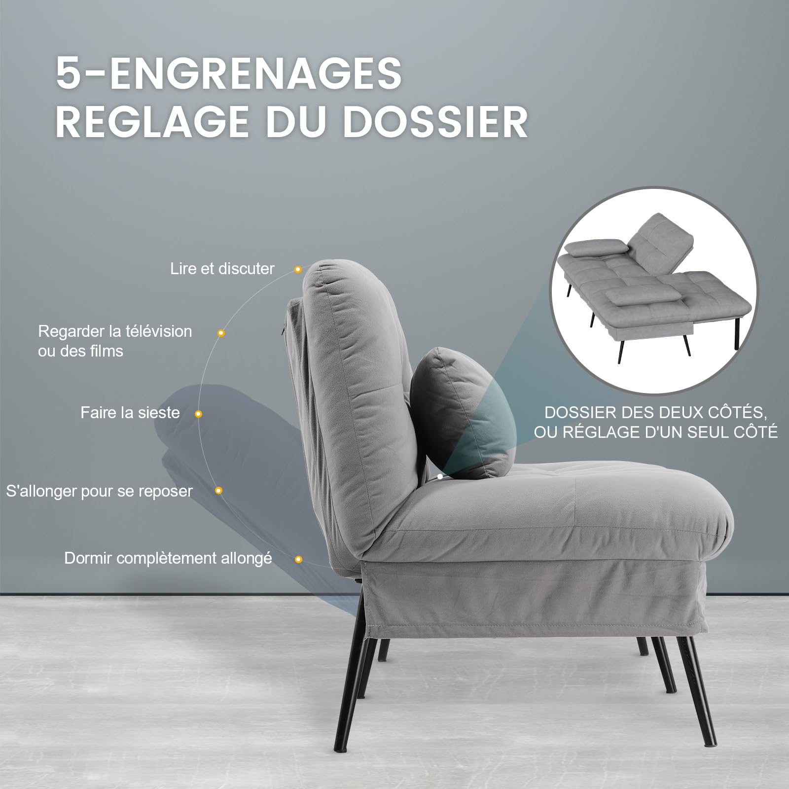 COMHOMA canapé Convertible en Peluche, canape 3 Places, Style Moderne, pour Salon, Appartement, Petit Espace,Pieds en métal 174 * 51 * 72cm, Gris