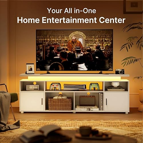 Miniatura 8 de SUNCOZE Soporte de TV LED para televisores de 65/70/75/80 pulgadas, consola de TV moderna con toma de corriente y almacenamiento, mesa central de