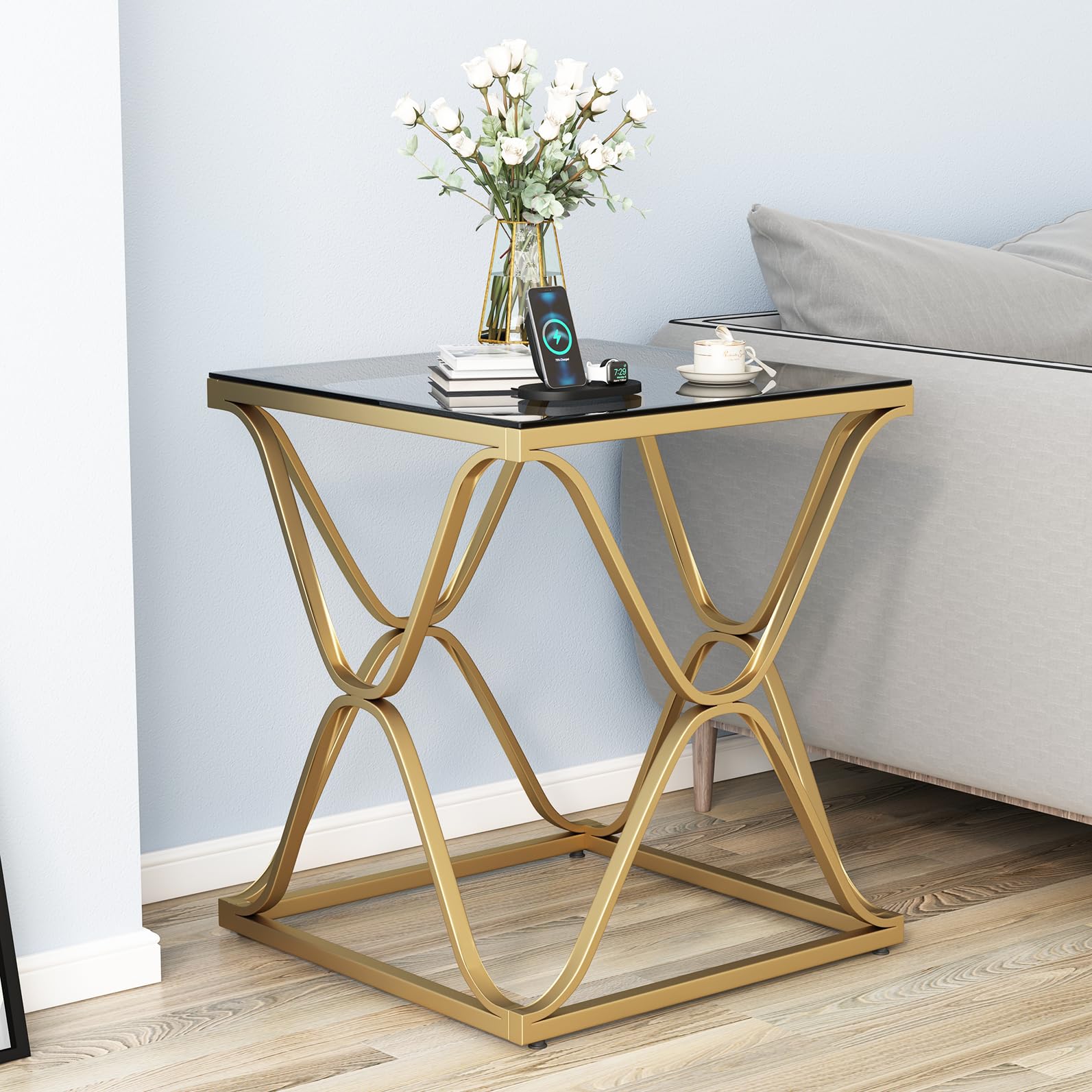 HOMYSHOPY Gold End Table for Living Room. Glass Side Table with Metal Frame & Square Base, Modern Nightstand for Bedroom, Office