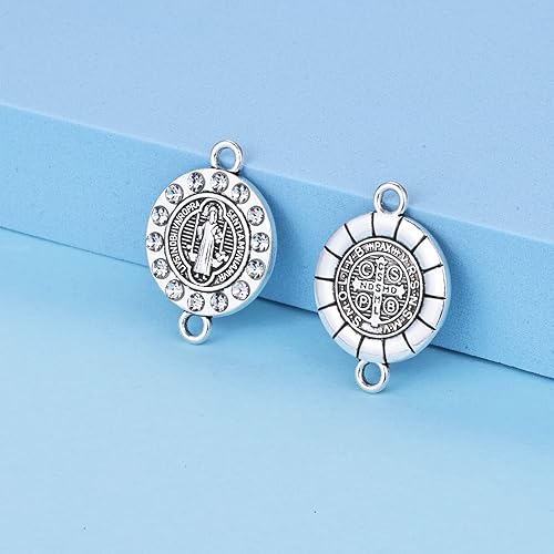 Miniatura 5 de 20 piezas de diamantes de imitación de plata antigua para uso religioso de San Benito Medallón de Pulsera Conector de Cuentas Redondas de Enlace de