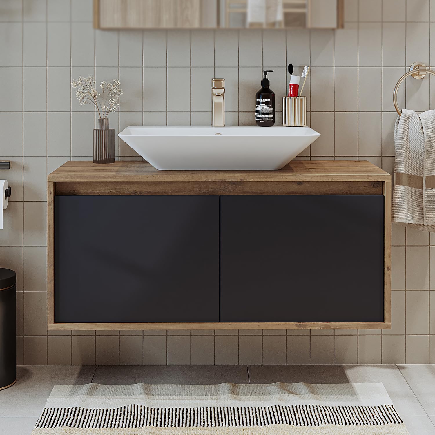 ROOMART • Badezimmermöbel Set • Atlantic • 4 Teilig Badezimmerschrank • 100 cm Unterschrank mit Keramikwaschbecken • Spiegelschrank • Hochscrank (Anthrazit Eiche, Waschbecken mit Unterschrank)