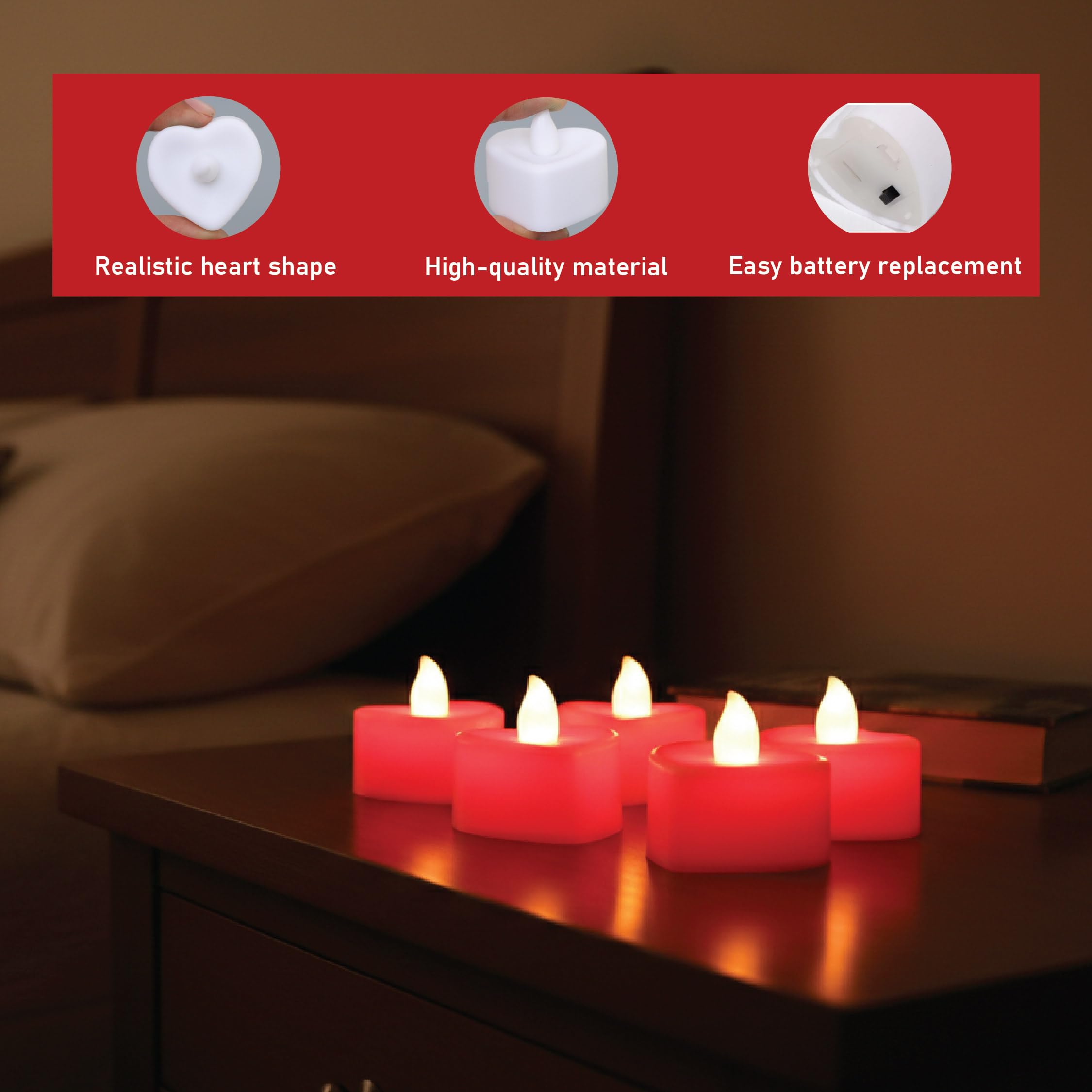 LABZIO Flameless LED Tea Light Candles | Decorative Flickering Diya Lights for Diwali, Wedding & Home Décor | Plastic Body (Red LED Heart Shape Flameless Tea Light, Pack of 6) 3
