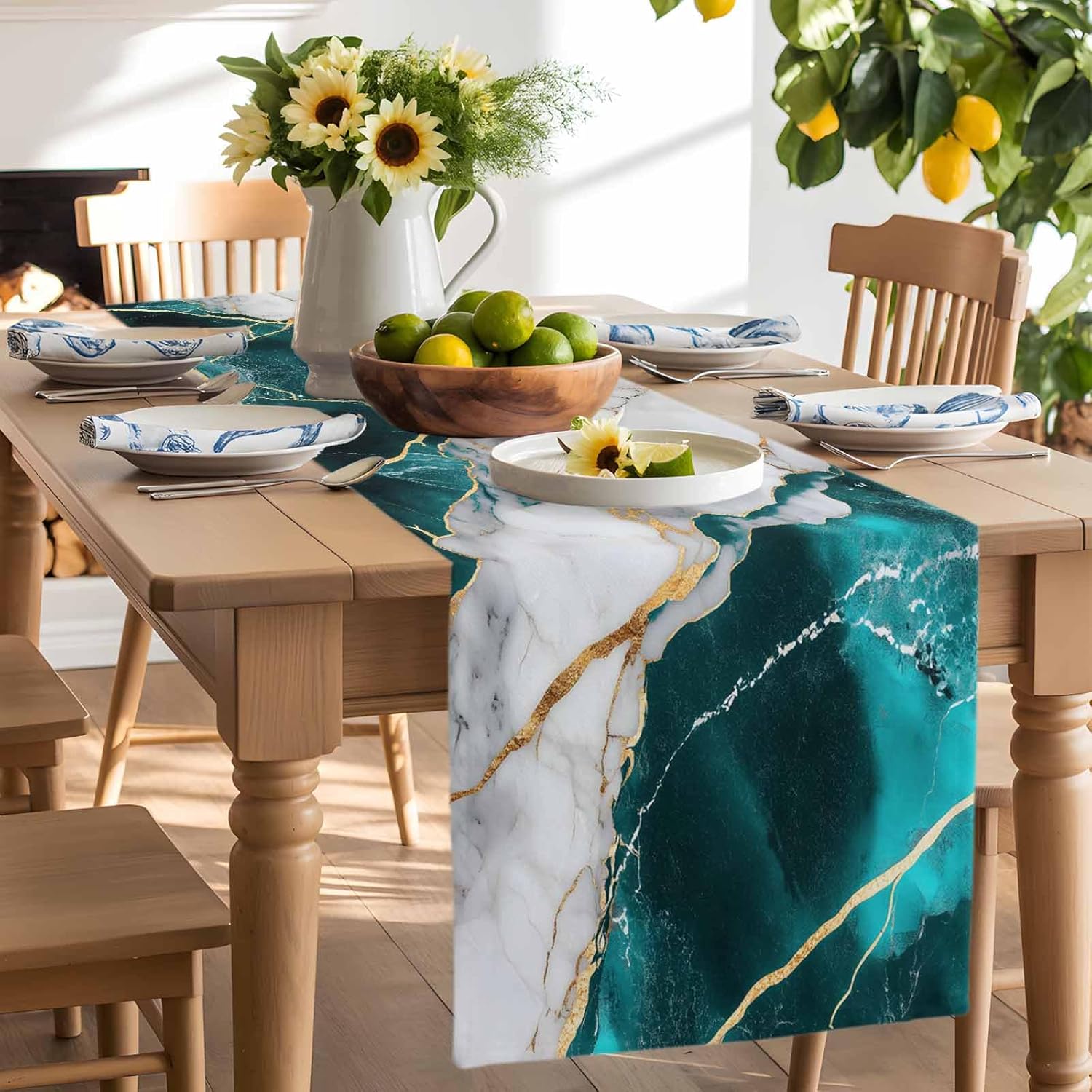 Table Runner-120 Inches Long Modern Minimalist Fluid Art Tablerunners Decorative Dresser Scarves Turquoise White Marble Style Tabletop Scarf for Indoor Outdoor Wedding Holiday Party