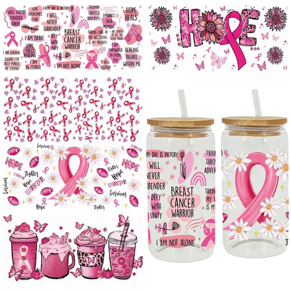 Breast Cancer Awareness UV DTF Cup Wraps Transfer Sticker - 5 Sheets Pink Ribbon Uvdtf Cup Wraps for Glass 16oz Cancer Survivor Hope Butterfly Flower Design Rub on Transfer Sticker for Women DIY Craft