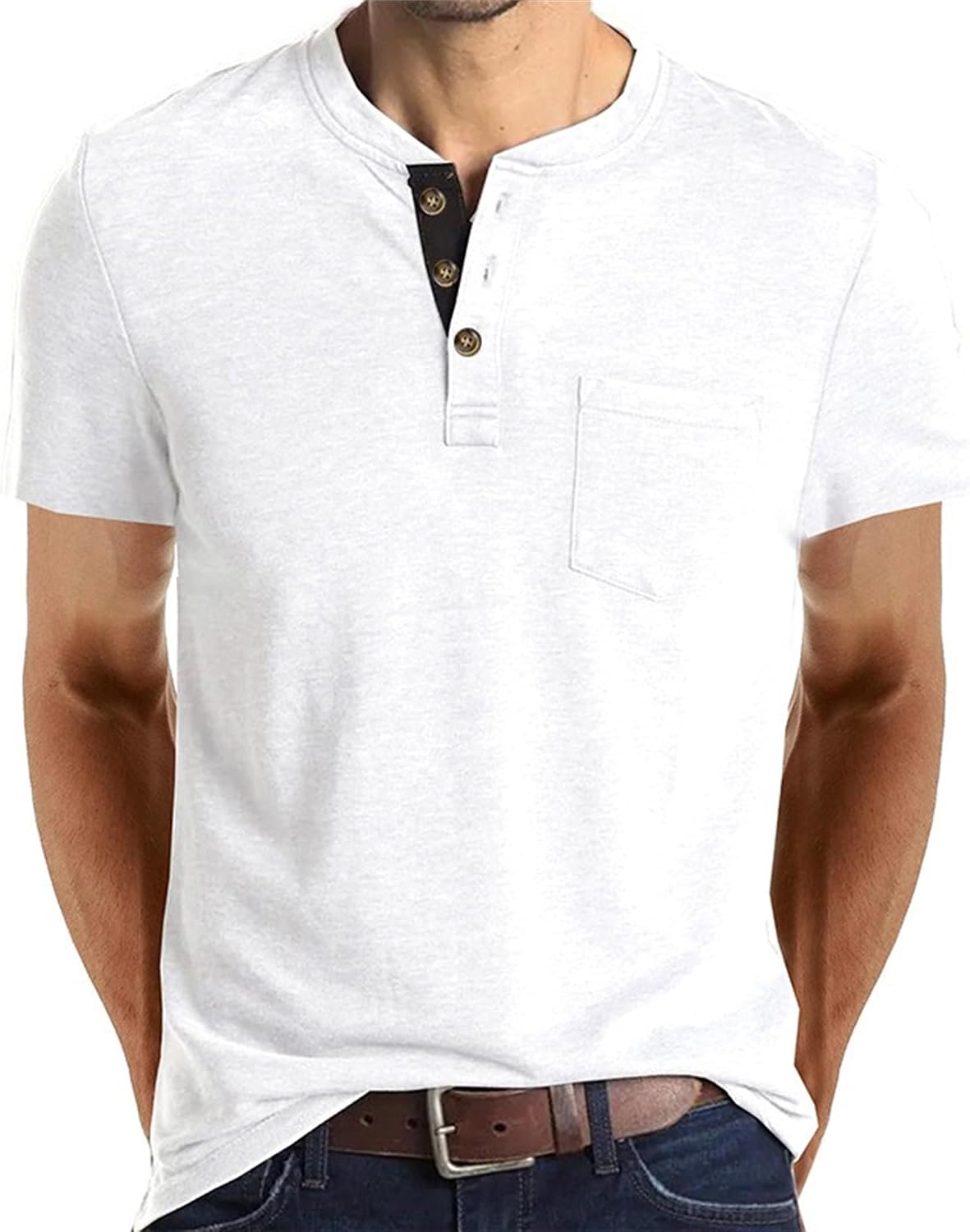 Men Multi-Pack Solid V-Neck Henley Shirts 3 Pack Classic Short Sleeve Summer Pocket Lightweight Button Slim T-Shirt