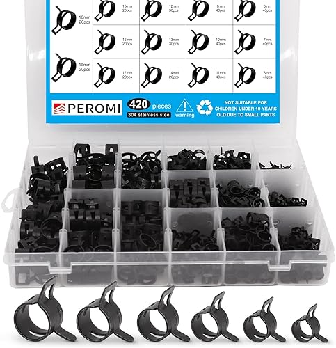 Miniatura 9 de Kit de abrazadera de banda de resorte de acero de 210 piezas (7-25mm) con alicates planos giratorios – Surtido multiusos para línea de combustible