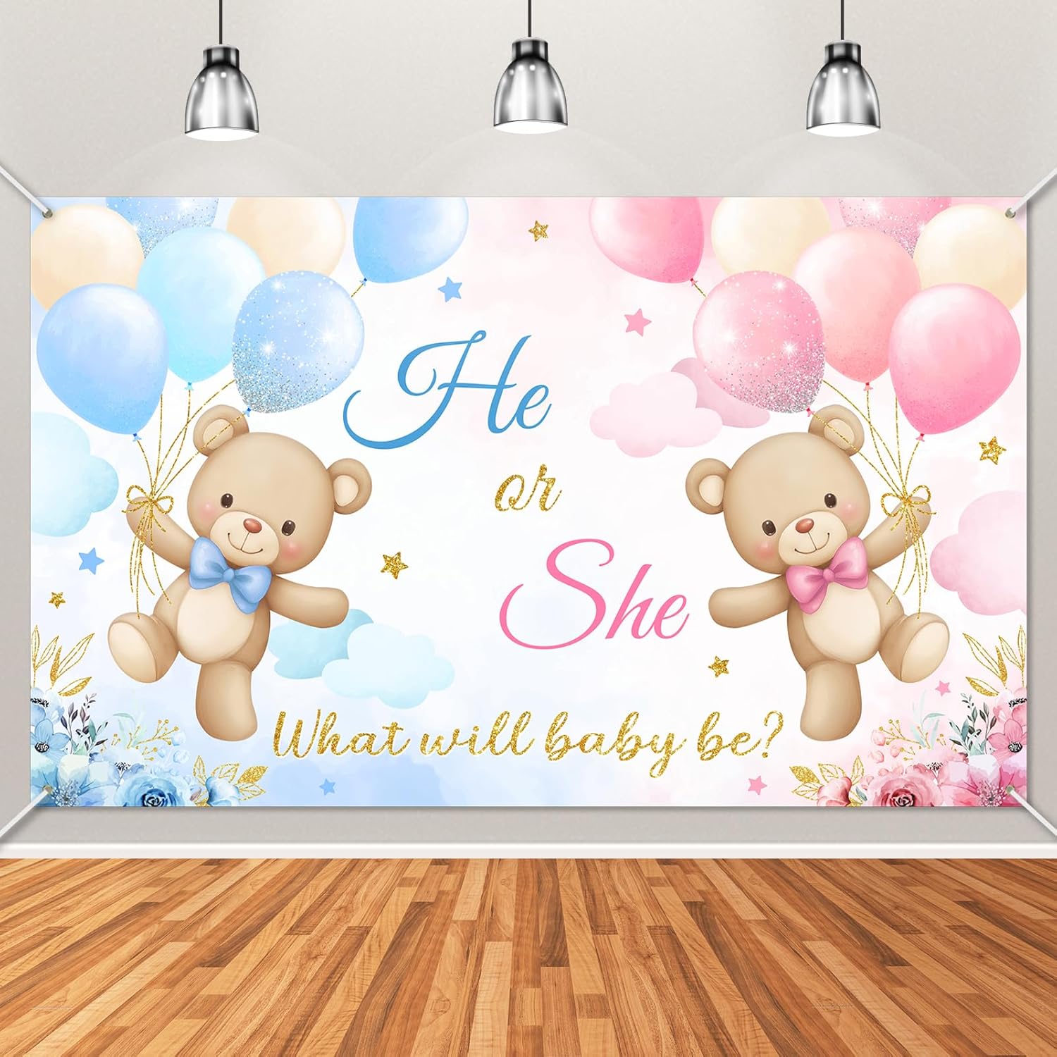 Avezano He or She Gender Reveal Banner Bear Gender Reveal Decorations Banner Pink and Blue Baby Reveal Backdrop for Boy Girls (6x3.6ft)