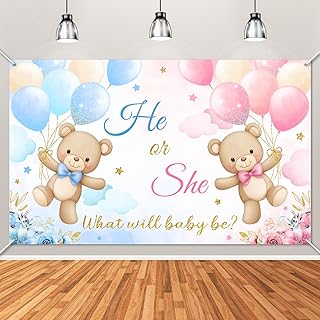 Avezano He or She Gender Reveal Banner Bear Gender Reveal Decorations Banner Pink and Blue Baby Reveal Backdrop for Boy Girls (6x3.6ft)