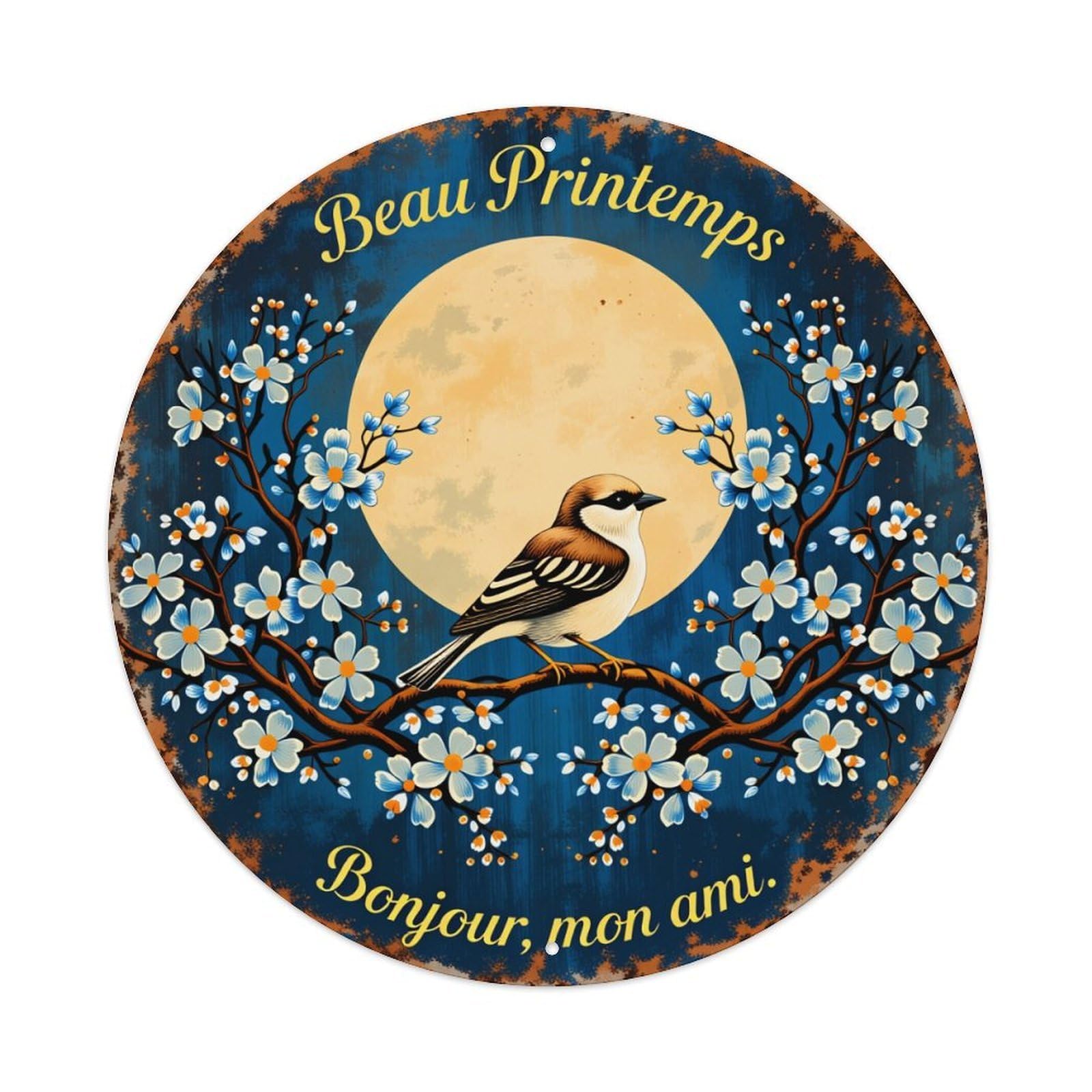 Bird On Branch With Flowers And Moon Round Vintage Tin Sign,Retro Wall Art,Metal Poster for Home, Bar, Garage, Cafe, Rustic Indoor & Outdoor Decor, 8x8 Inches