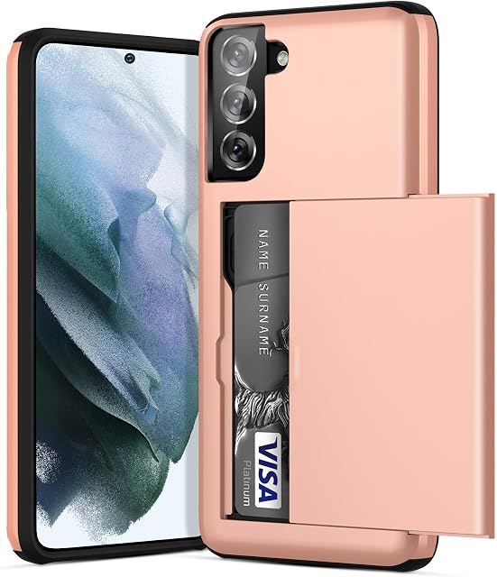 ACOCOBUY Compatible with Samsung Galaxy S21 Case Shockproof Galaxy S21 Wallet Case Protective S21 Case with Card Holder Dual Layer Armor Case Rubber Bumper Cover for Samsung Galaxy S21 Rose Gold