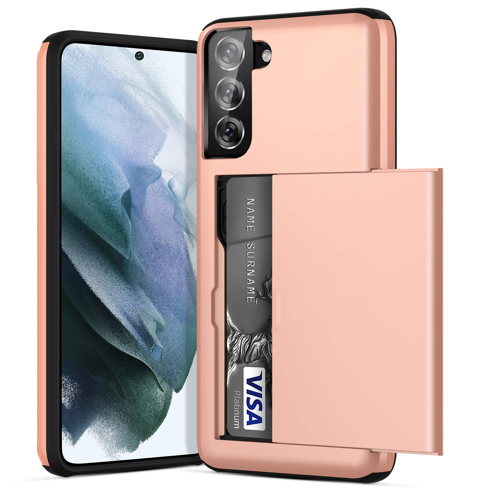 ACOCOBUY for Samsung Galaxy S21 Case with Card Holder Sliding Cover Hidden Pocket IDs Credit Cards Slot Heavy Duty Shockproof Protective Dual Layer Wallet Phone Cover Back Shell 6.2" Women Rose Gold