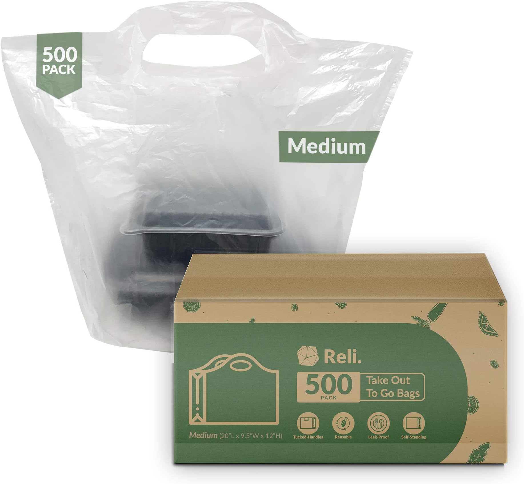 Reli. Take Out/To Go Bags (500 Count Bulk) (Medium 20" L x 9.5" W x 12" H) White Carry Out Shopping Bag, Die Cut Handle, Square Bottom, Reusable - Food Service, Restaurant, Catering, Delivery