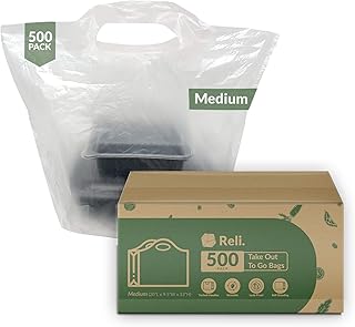 Reli. Take Out/To Go Bags (500 Count Bulk) (Medium 20" L x 9.5" W x 12" H) White Carry Out Shopping Bag, Die Cut Handle, Square Bottom, Reusable - Food Service, Restaurant, Catering, Delivery