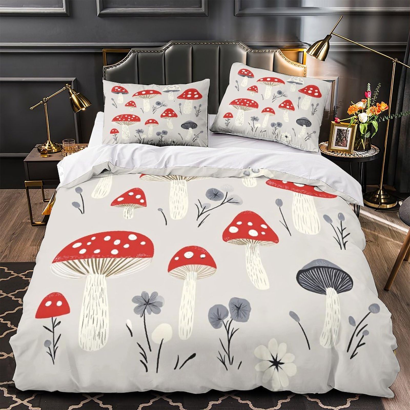Parure de lit champignons microfibre hypoallergénique contre allergies housse 135x200
