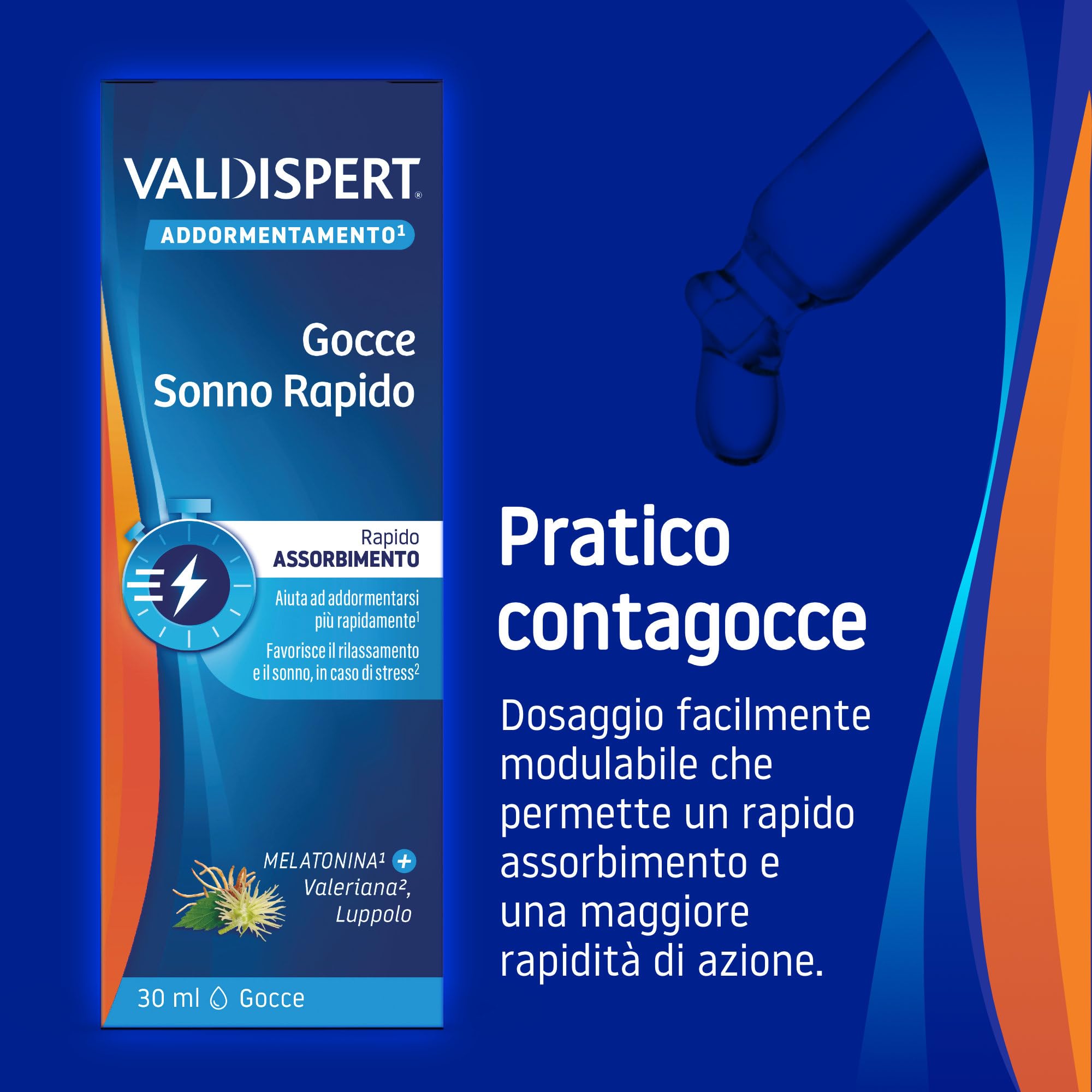 Valdispert Gocce Sonno Rapido, Integratore Alimentare per Dormire con Melatonina, Valeriana e Luppolo, Senza Glutine e Senza Lattosio, 30 ml