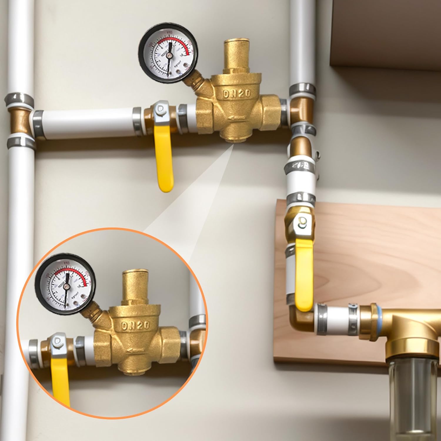 Water Pressure Regulator, 3/4 Inch NPT Thread DN20, Heavy Duty Brass Lead-free BPA-free, with Gauge for Home