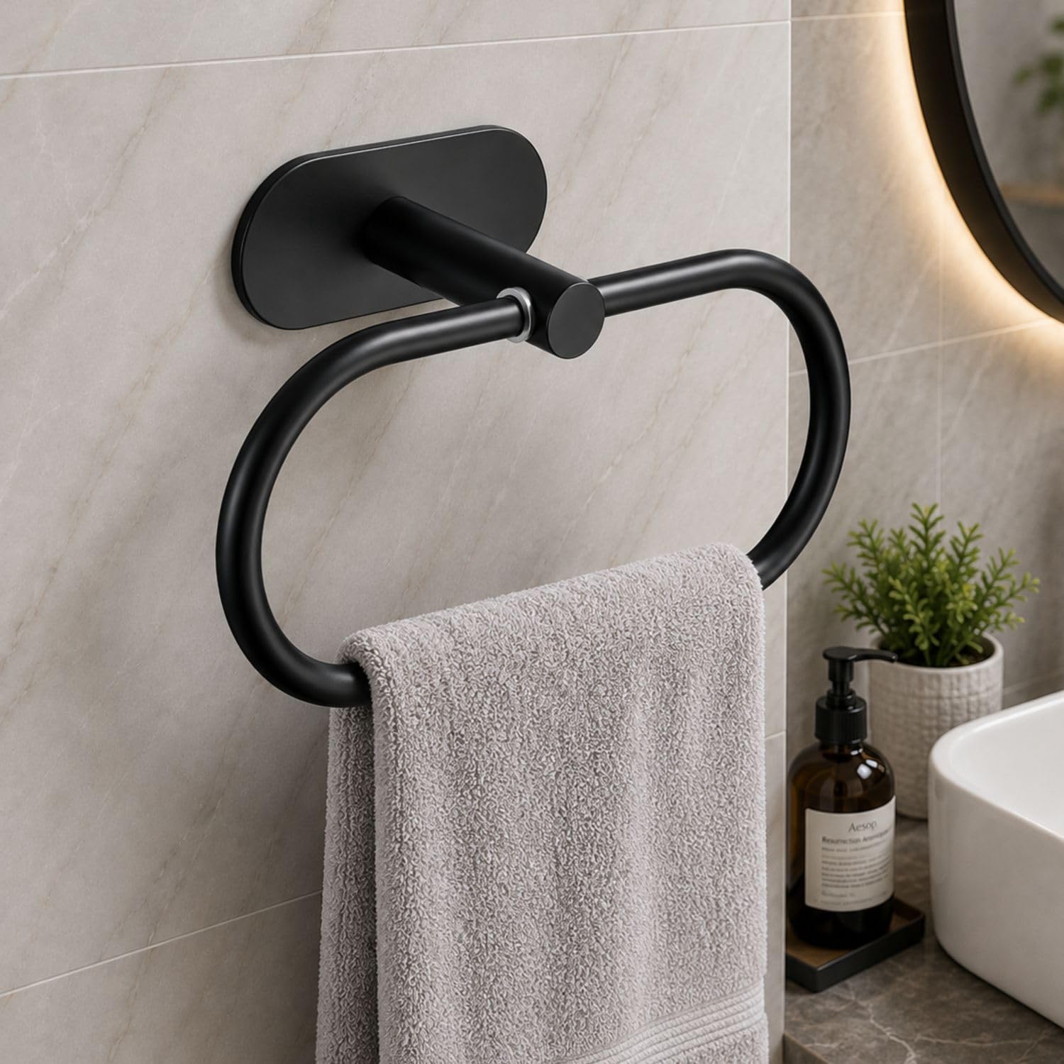JIALTO 1 PCS Self Adhesive Towel Ring Matte Black, Oval Shaped Modern Hand Towel Holder, Stainless Steel Adhesive Hand Towel Hanger for Bathroom & Kithen Wall Mount (No Drilling) (Black)