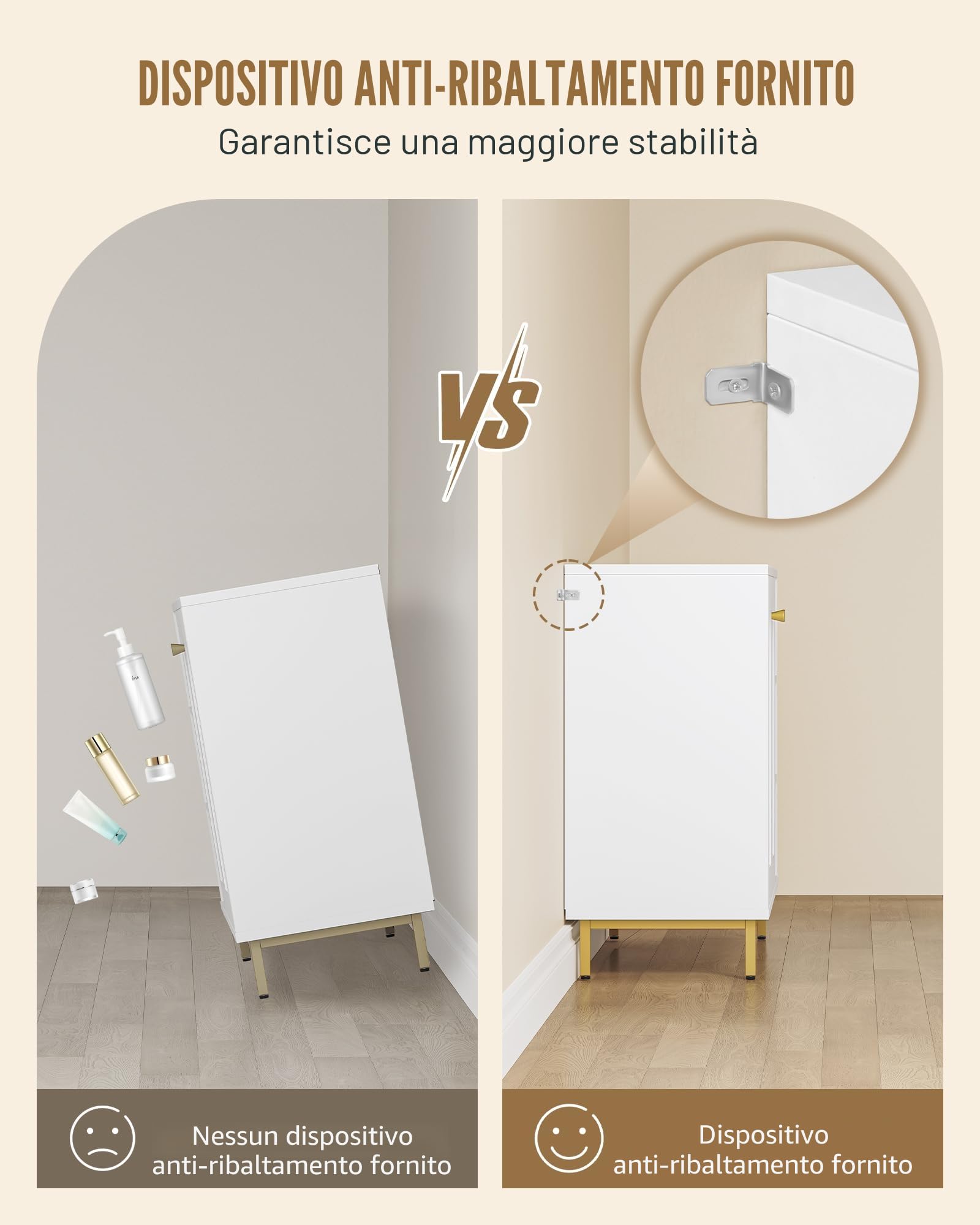 Hzuaneri Mobile da Bagno, Armadietto Autoportante, con 3 Ripiani Aperti Regolabili e 2 ante, Grande Capacità di Stoccaggio, per Bagno, Soggiorno, Ingresso, Cucina, Bianco-Oro SC10203G