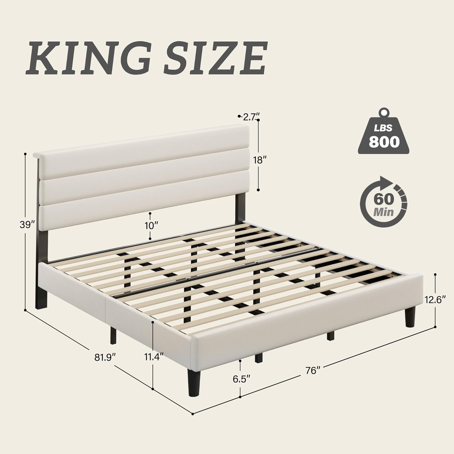 King Size Bed Frame, Platform Bed Frame with Velvet Upholstered Headboard, No Box Spring Needed, Sturdy Metal Support, Noise Free, Easy Assembly, Beige - Image 2