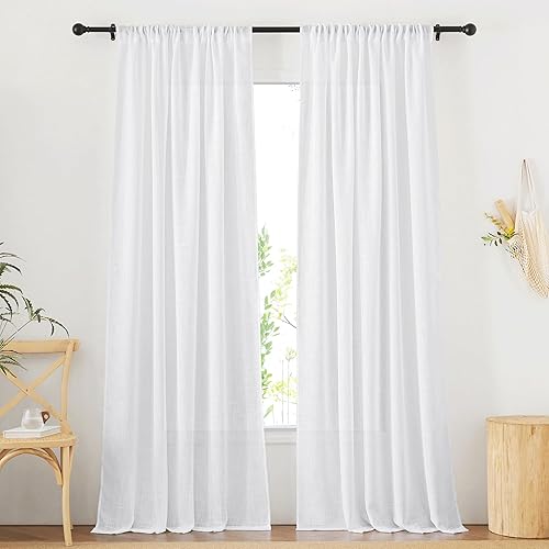 Miniatura 7 de NICETOWN Juego de 2 paneles de cortinas traslúcidas de lino blanco de 108 pulgadas de largo, con pestaña trasera y bolsillo para barra, cortinas