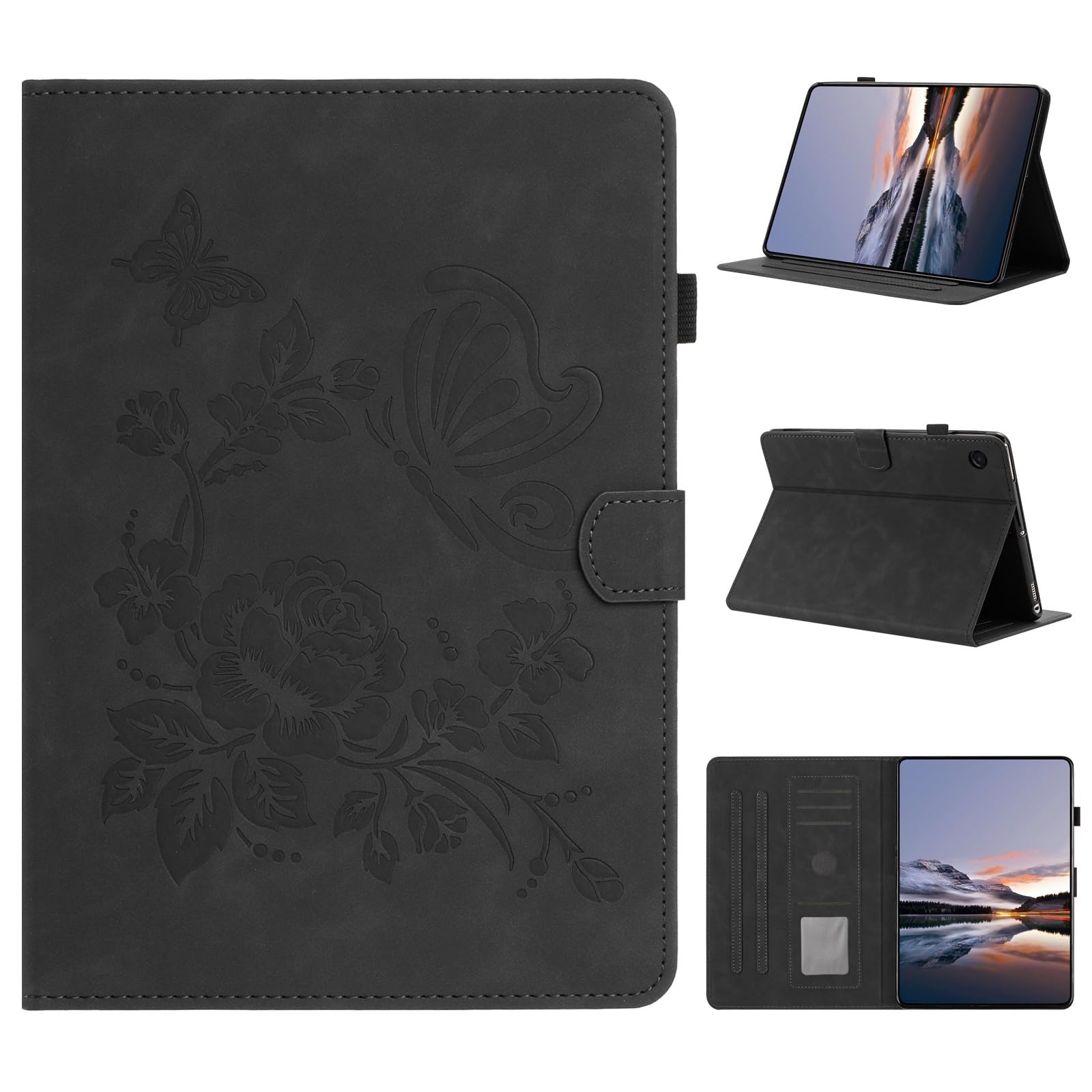 Generic Étui compatible avec Samsung Galaxy Tab A7 10.4 2022 SM-T509. Couleur : noir Motif fleur et papillon Étui portefeuille en cuir à rabat arrière