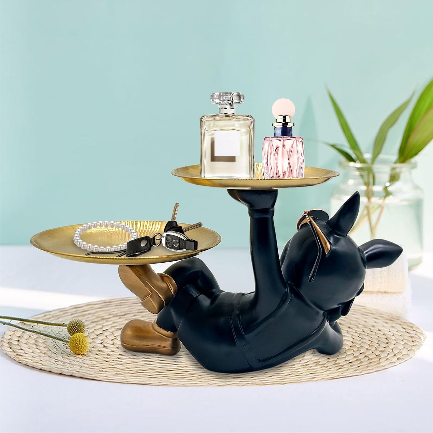 Huhote Resin Bulldog Tray, Lying Bulldog Candy Dish Key Holder Bowl, Statue for Office Desk Home Decor Figurine Entryway Table Decor (Black)