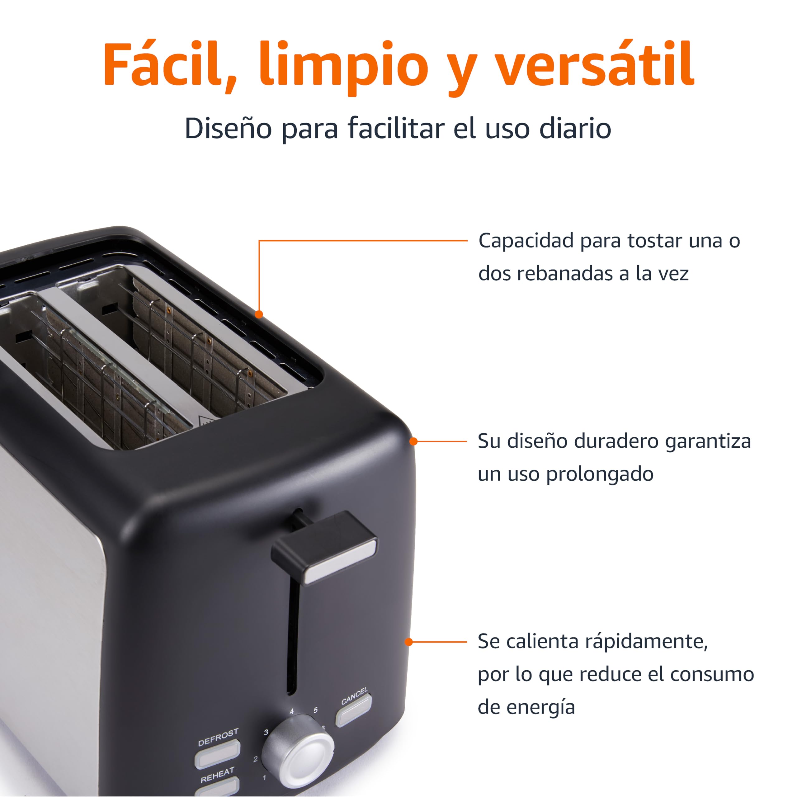 Amazon Basics Tostadora 2 Rebanadas con 7 Niveles de Tostado y Bandeja para Migas Extraíble, Ranuras Extra Anchas, 800W, Negro