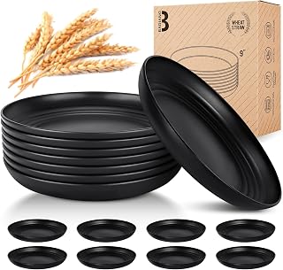 Badiano Unbreakable 9-Inch Deep Dinner Plates Set of 8, Wheat Straw Plastic Dinnerware, Dishwasher Safe Kitchen Plates for Daily Use (BLACK)