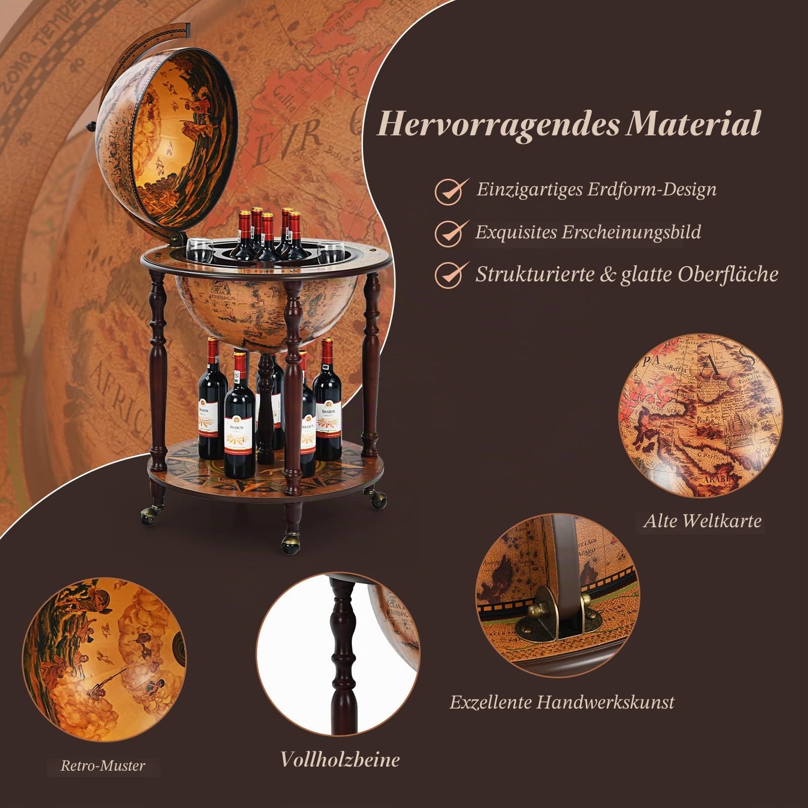 GIANTEX Globusbar Hausbar Antik, Barwagen Globus mit Rollen & Deckel, Cocktailbar Wiskybar Weltkugel mit Bodenplatte, Barschrank Globus Weinregal Weinschrank Minibar, Tischbar Dekobar für Küche