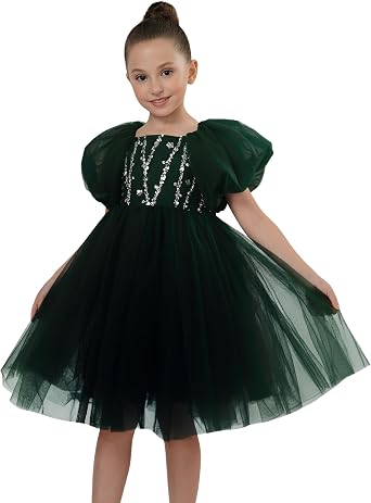 2Bunnies Girls Puff Sleeve Sequin Bodice Tulle Bow Back Party Flower Girl Dress