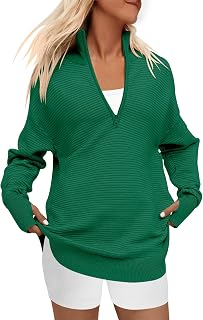 Women's 2023 Fall Long Sleeve Half Zip V Neck Collared Casual Oversized Ribbed Knit Pullover Sweater Thumb Hole