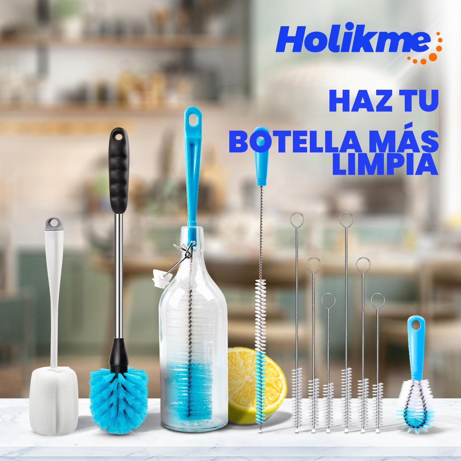 Holikme Juego de 8 cepillos de limpieza para botellas, limpiador de botellas de mango largo para lavar botellas de cerveza de cuello estrecho, decantador de vino, cubierta de taza, color blanco