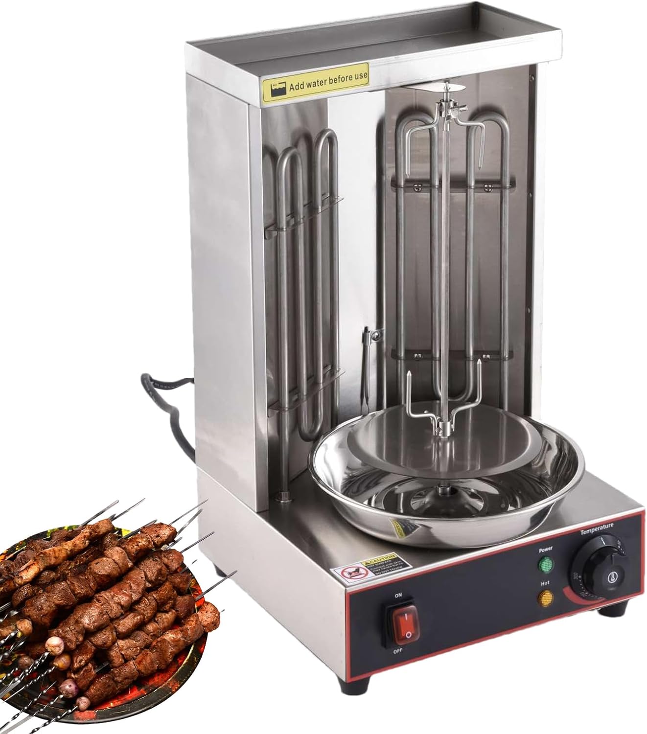 Electric Vertical Rotisserie Shawarma Broiler Kebab Grill Machine Rotating Grill With 2 Heating Tubes And Temperature Chime Stainless Steel Body 110V 2400W For Home Restaurant Kitchen