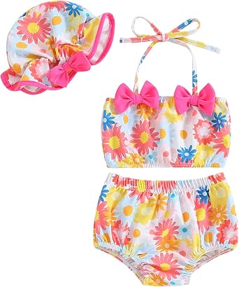 Toddler Baby Girl Swimsuit Two-Piece Bathing Suit Mermaid Bikini Top Trunks Shorts Bathing Suit with Sun Hat