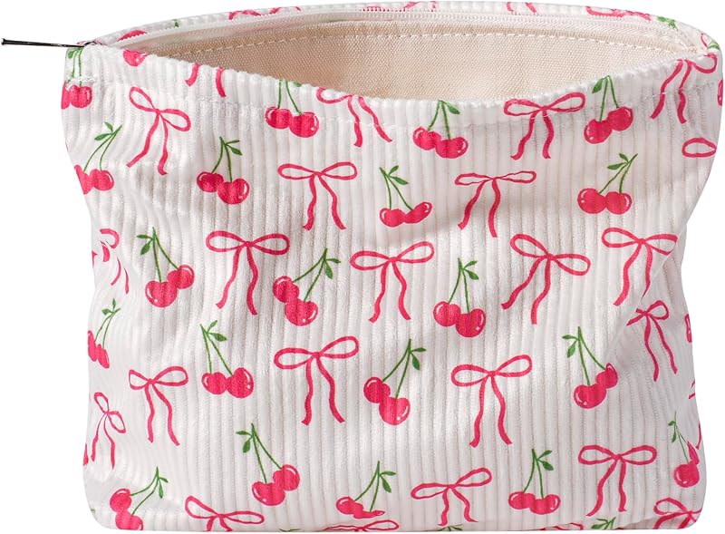 Necessaire de maquiagem de veludo cotelê RSRSLEII com estampa de laço Cherry Bow, zíper, 20,07 cm x 5,08 cm x 19,05 cm, 06 Cherry Bow