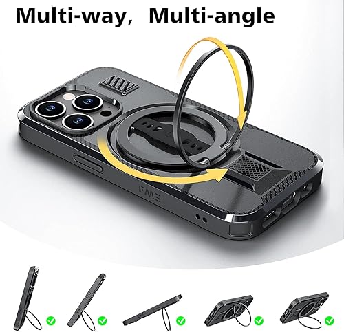 Miniatura 6 de EWA Funda para iPhone 15 Pro compatible con Magsafe con soporte de anillo, agarre de correa de silicona, cierre trasero de doble imán, protección