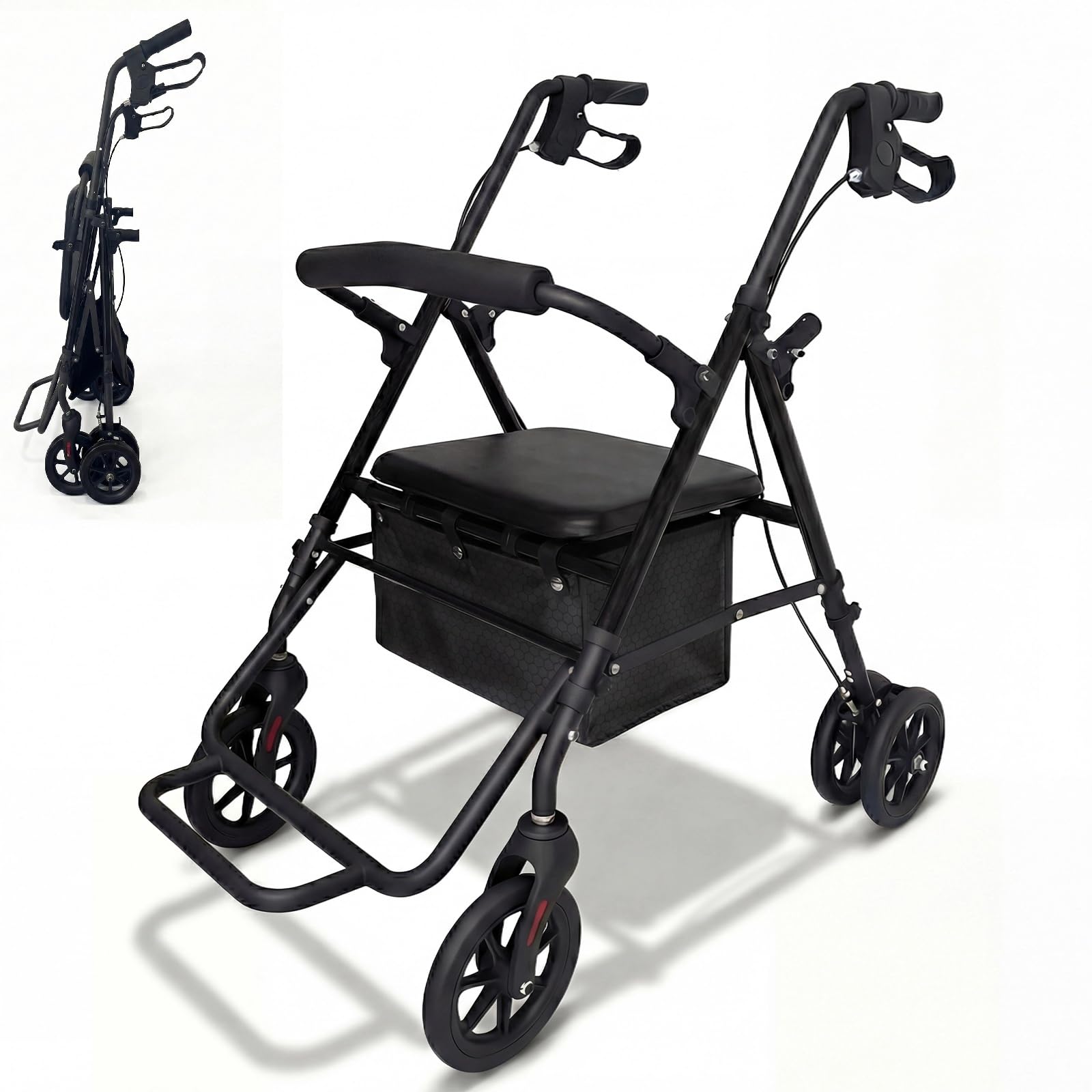 Andador plegable y ligero con sit andadores para apartamentos para personas mayores, plegable con neumáticos suaves, andador para todo terreno, carrito y silla de ruedas