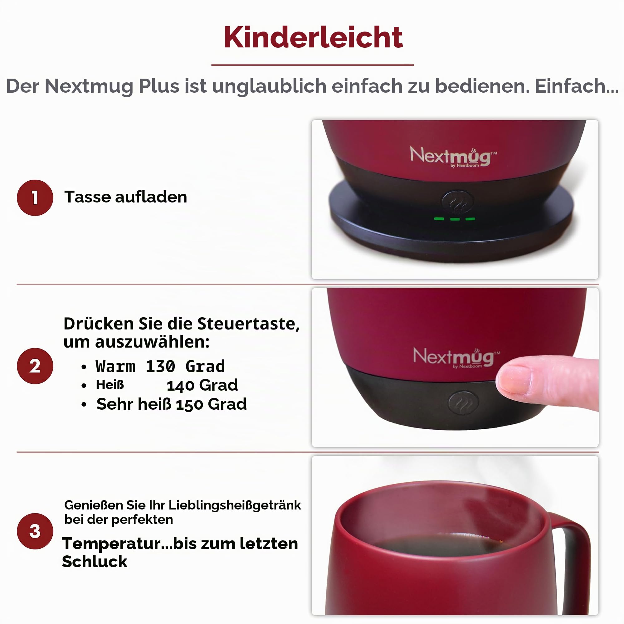 Nextmug Plus (Burgundy - 510.3 g) Temperaturgesteuerter, selbstheizender Becher - Keine App, langlebiger Akku für Arbeit & Studium, tolles Geschenk für Kaffeeliebhaber